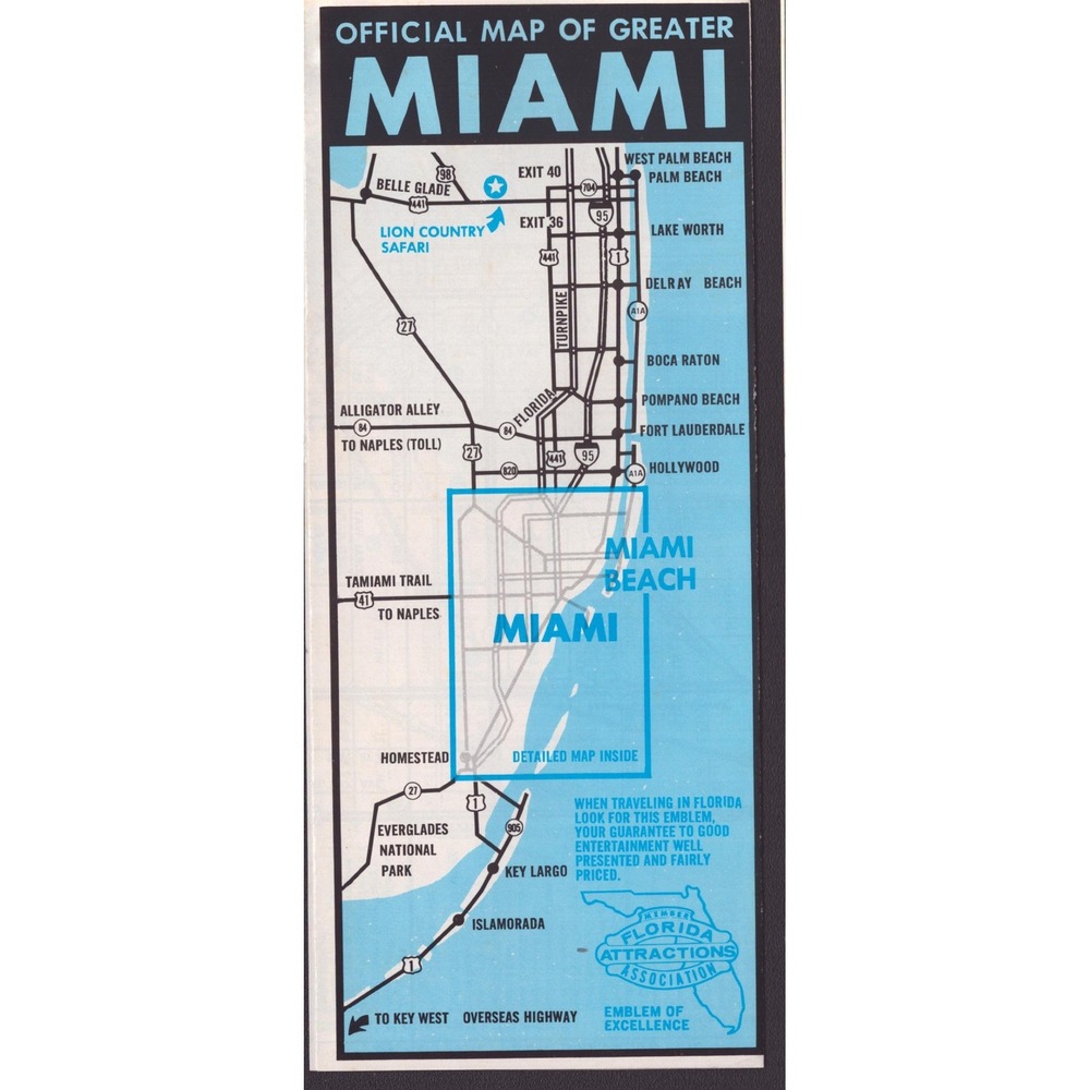 Vintage Official Map of Greater Miami Florida Attractions Beaches Brochure - Picture 2 of 2